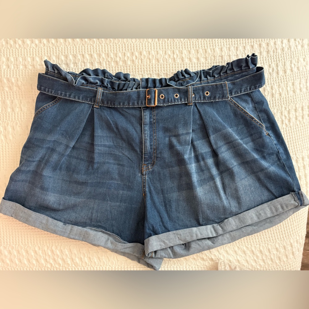 Jessica Simpson High-Waist Paperbag Denim Shorts - Blue